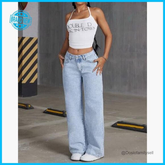 Y2K Low Rise Wide Leg Boyfriend Jeans Bow Embroidery Straight Leg Denim - Picture 3 of 7